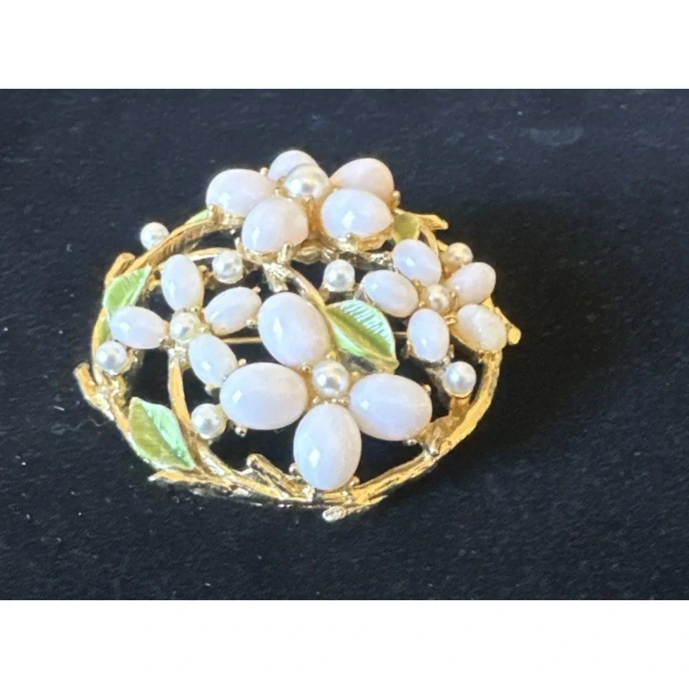 Vtg ART brooch‎ faux pearl pink flower green enamel Arthur Pepper 1960s EUC